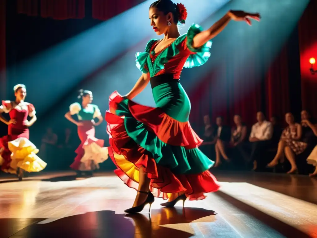 Una impactante imagen de una bailarina de flamenco tradicional en pleno rendimiento, con vestuario colorido y expresión apasionada