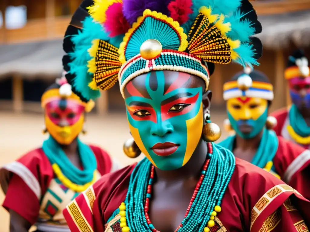 Una impactante imagen de bailarines Egungun, con trajes vibrantes y máscaras coloridas