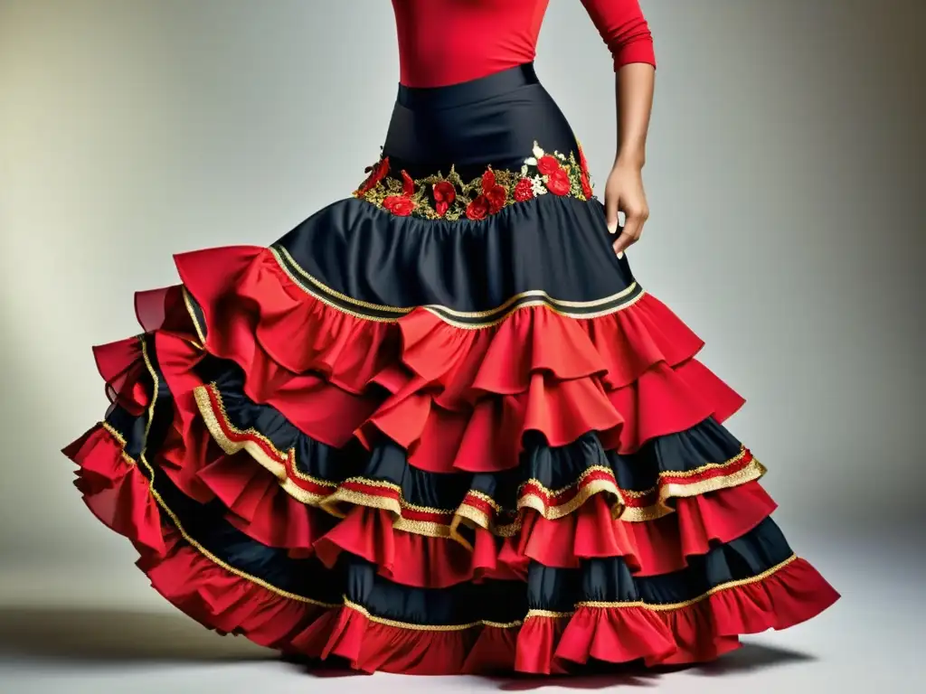 Una impactante imagen de una falda flamenco tradicional en vivos colores como rojo, negro y dorado