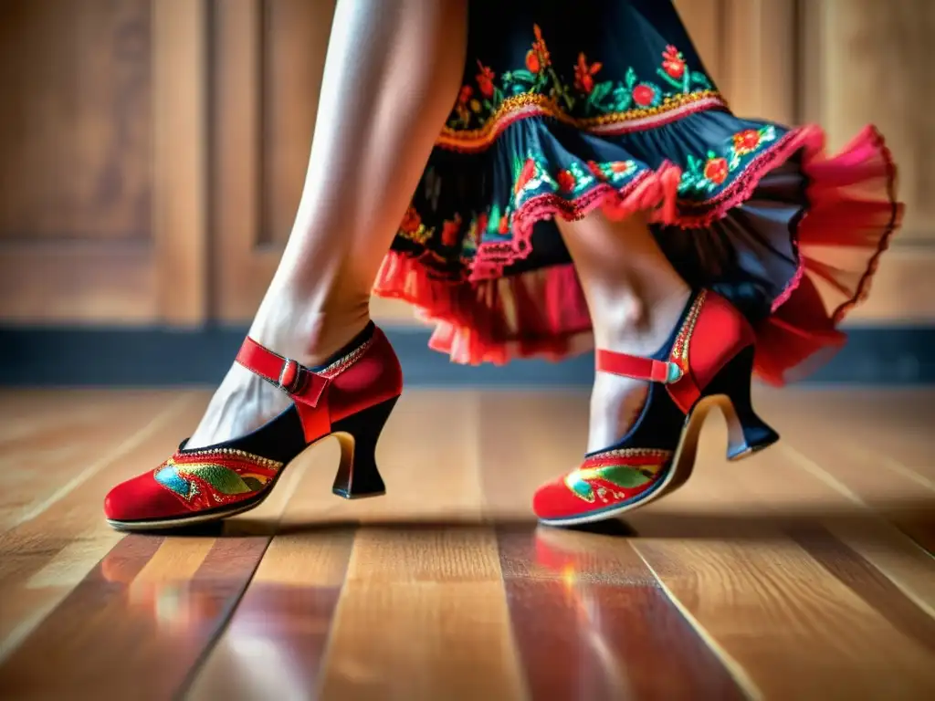 Un impactante primer plano de los pies de una bailaora de flamenco creando un contraste visual con el desgastado escenario