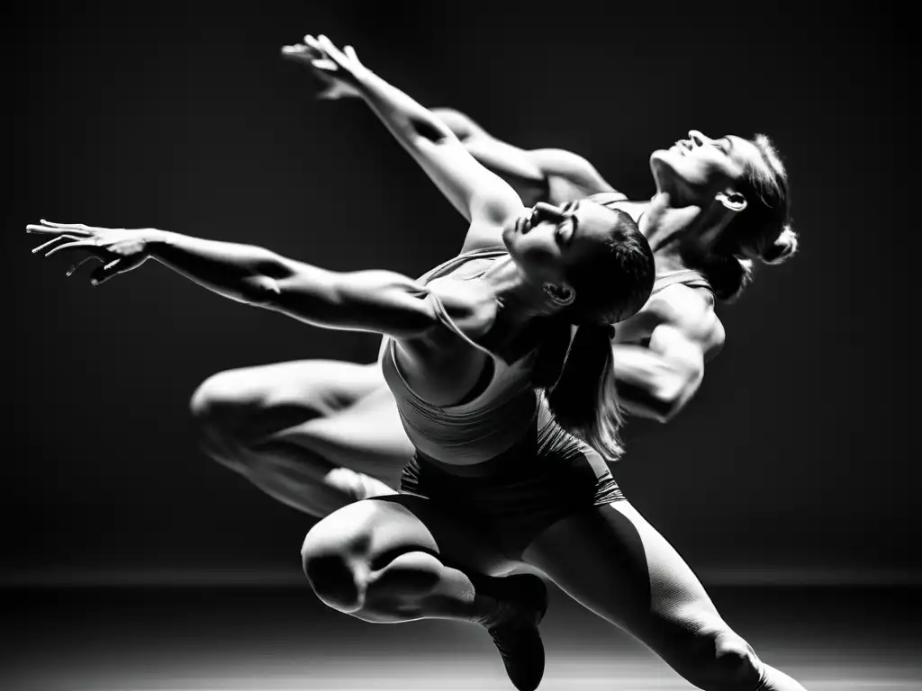 Un impactante retrato en blanco y negro de un grupo de bailarines en pleno salto, que resalta la emoción y la fisicalidad de sus movimientos