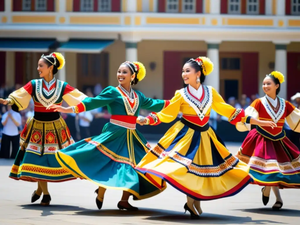 Importancia de la danza tradicional: grupo de bailarines tradicionales con trajes vibrantes realizando una rutina en una plaza de la ciudad moderna