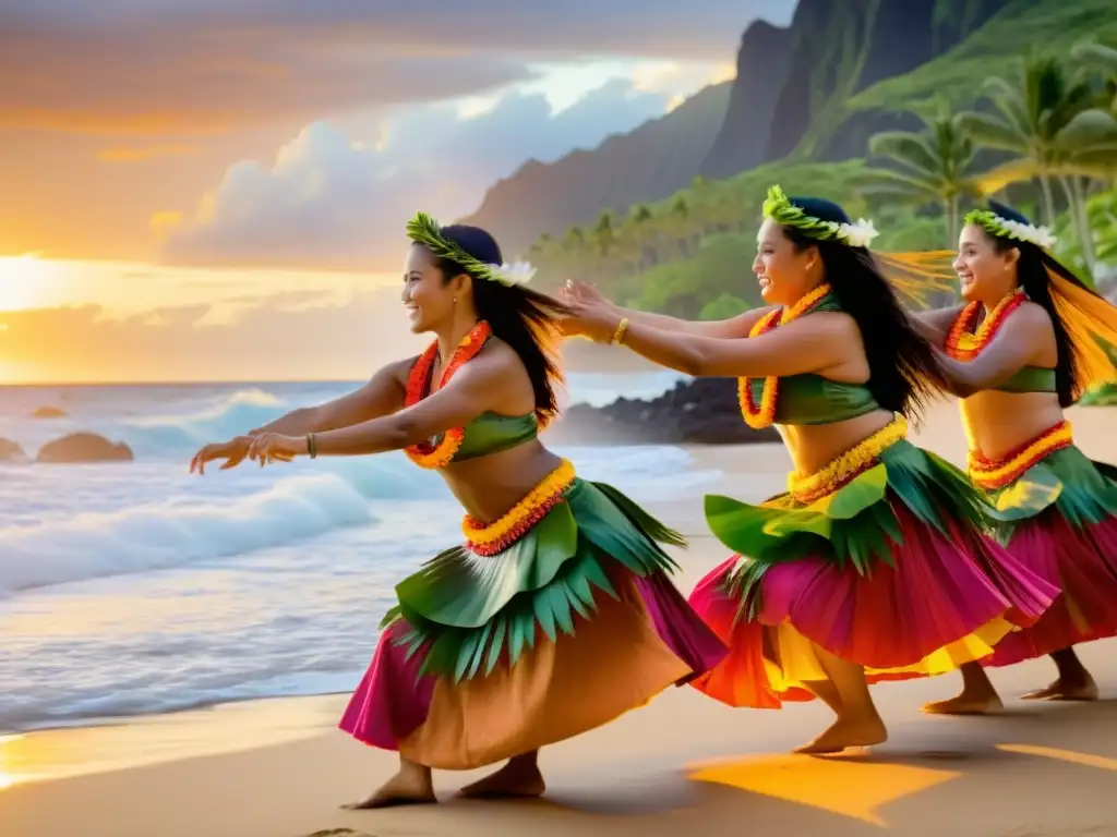 Una impresionante actuación de Hula Kahiko al atardecer en la playa, con danzas en movimiento y vibrantes trajes