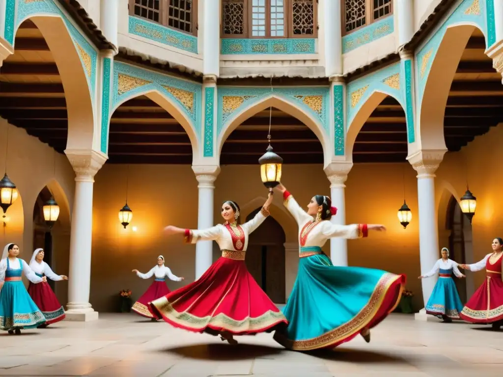 Fotografía de una impresionante actuación de danza tradicional azerí en un patio histórico, con trajes detallados y colores vibrantes