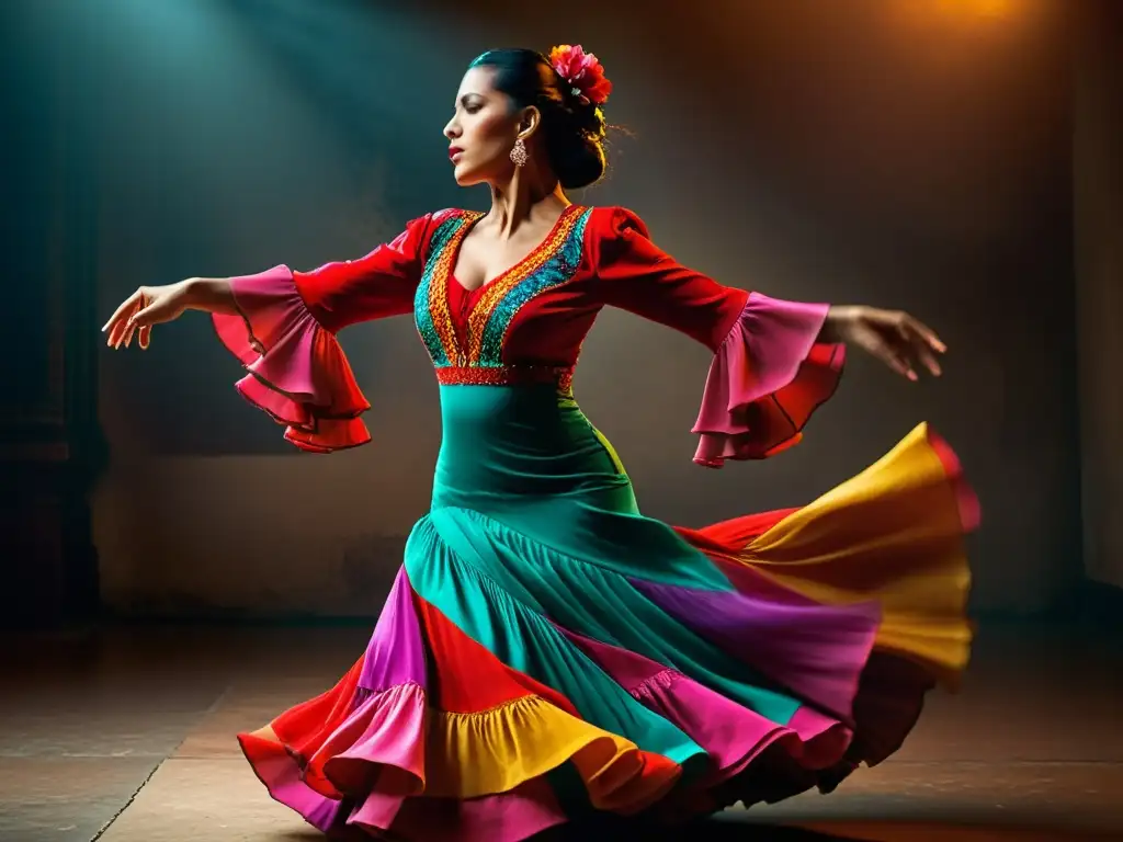 Una impresionante fotografía de alta resolución de una bailaora de flamenco en plena actuación, mostrando pasión y fuerza