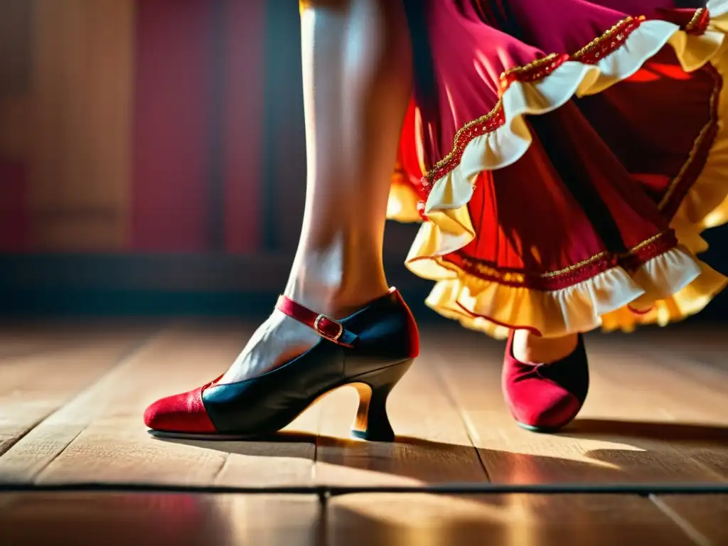 Un impresionante close-up de los pies de una bailaora de flamenco marcando el compás en un escenario de madera