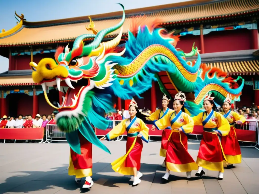 Una impresionante danza del dragón chino llena de colorido y significado cultural, con movimientos sincronizados y trajes tradicionales detallados