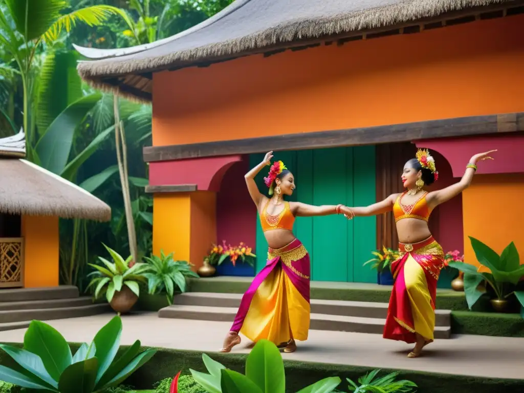 Una impresionante representación de danza tradicional en un entorno tropical exuberante, con música auténtica para danzas exóticas