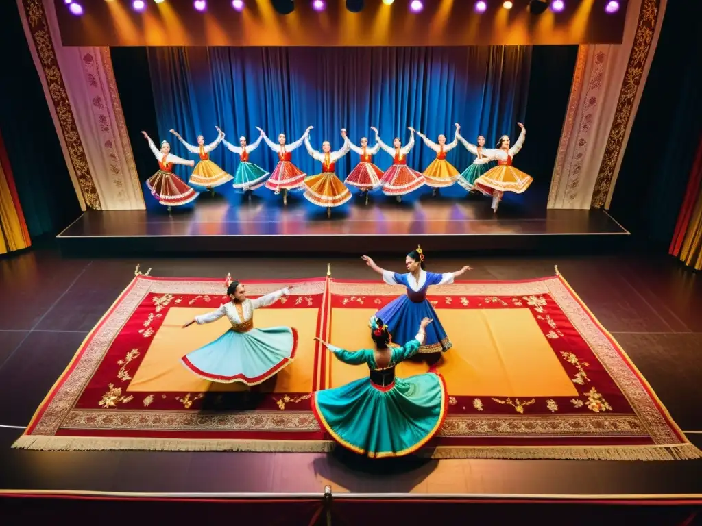 Una impresionante representación de danza tradicional con motivos de bailes tradicionales en telones, capturada desde un ángulo elevado