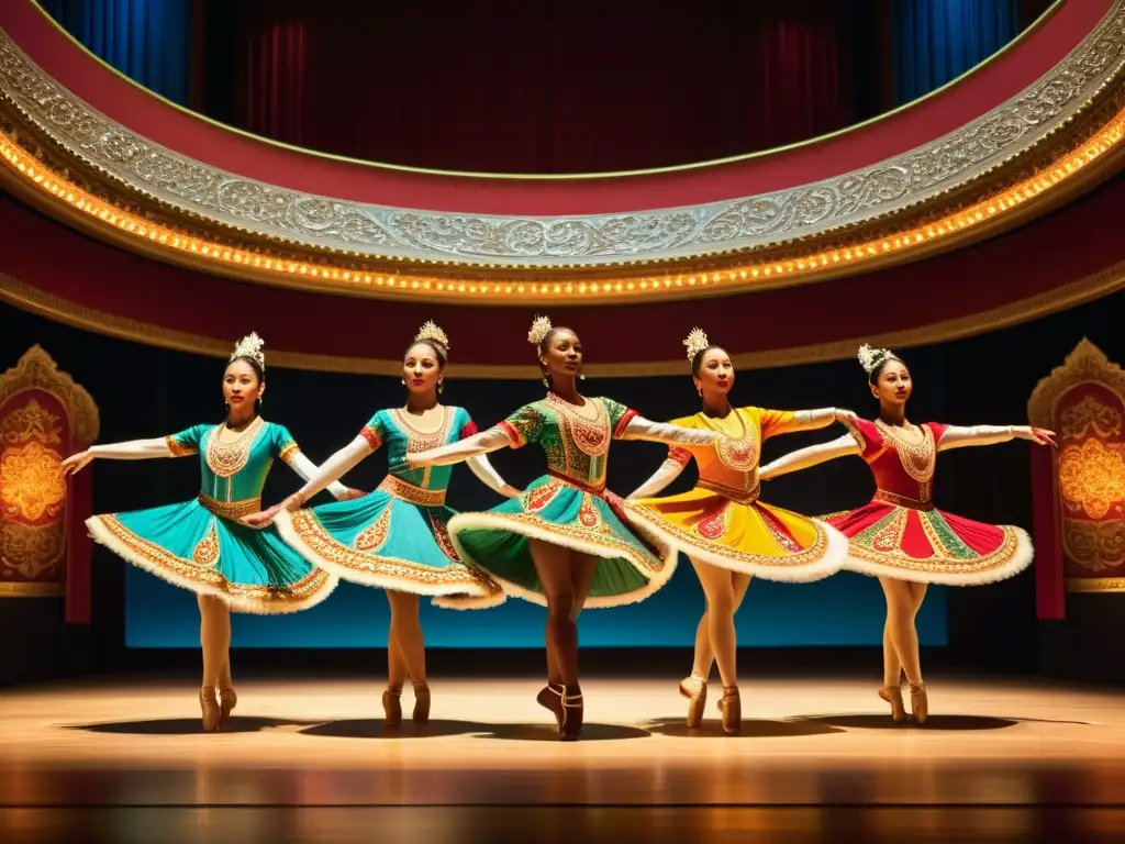 Una impresionante representación de danza tradicional con vibrantes trajes y una audiencia elegante en un teatro histórico