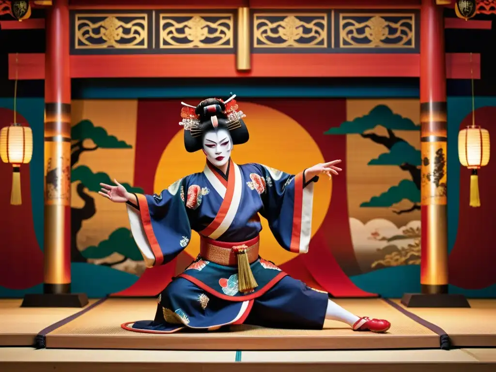 Una impresionante escena de la danza japonesa Kabuki, con actores ricamente ataviados y maquillados, en una actuación expresiva y dinámica