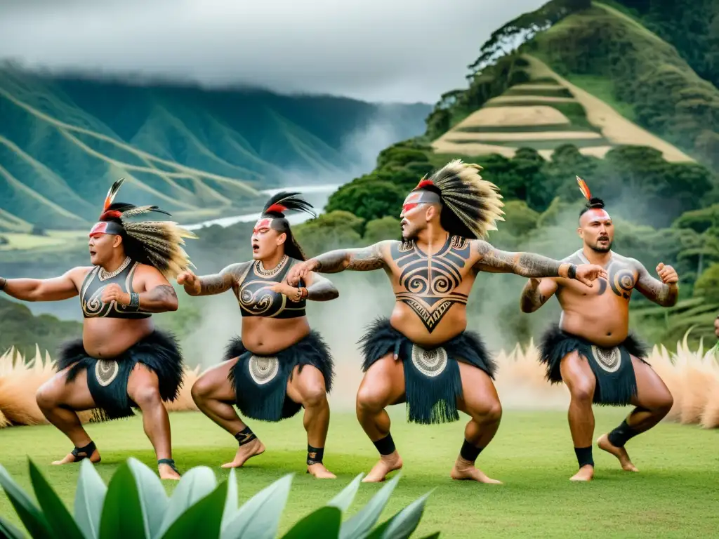 Un impresionante espectáculo de danza Maorí tradicional, con bailarines en trajes adornados y tatuajes, realizando el haka en un paisaje majestuoso