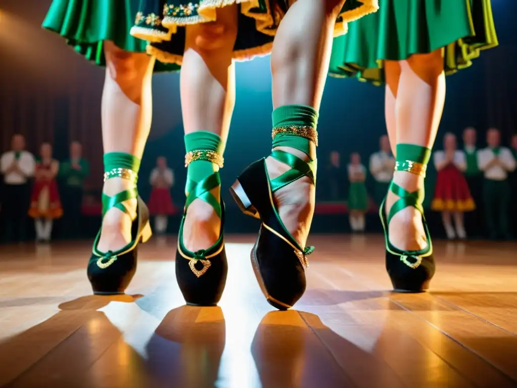 Un impresionante espectáculo de step dance irlandés capturado en una imagen 8k detallada, resaltando las técnicas de step dance irlandés con movimientos precisos y trajes tradicionales