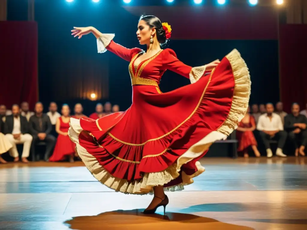 Una impresionante imagen de un bailaor de flamenco con traje rojo y oro, ejecutando movimientos intensos en un escenario iluminado dramáticamente