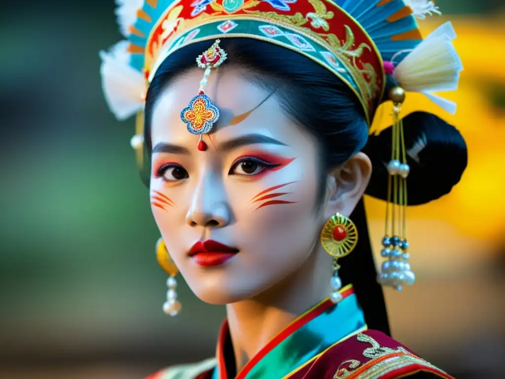 Una impresionante imagen de un bailarín tradicional vietnamita en traje vibrante, con movimientos gráciles y significado cultural Cai Luong Vietnamita