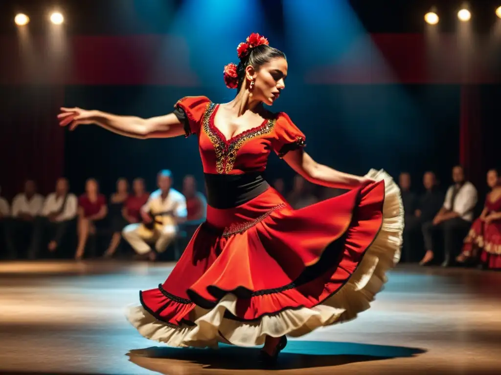 Una impresionante imagen en 8k de una bailarina de flamenco en traje tradicional, cautivando con la pasión y energía del arte flamenco