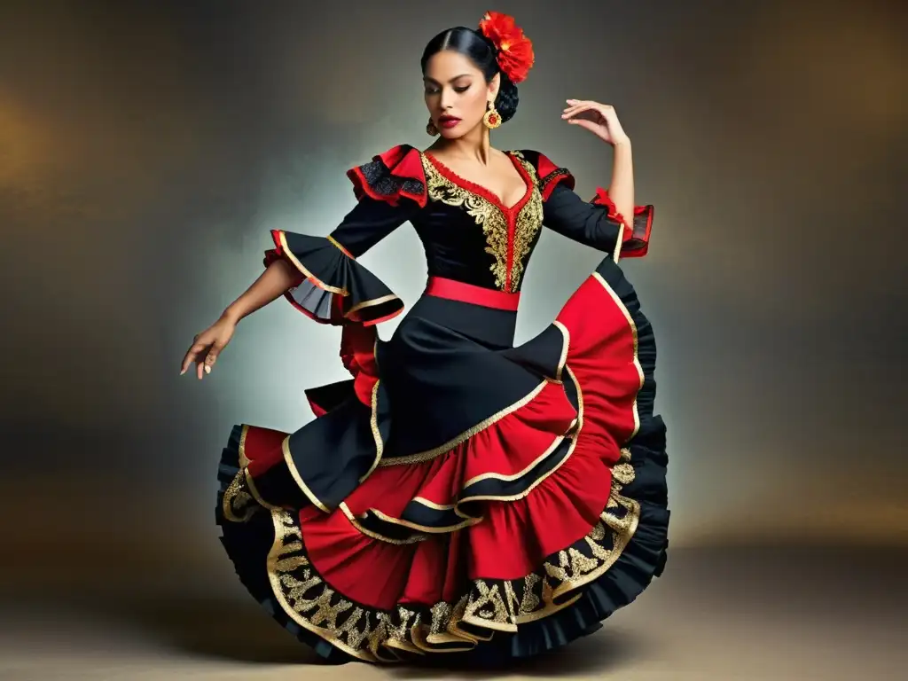 Una impresionante imagen de una bailarina de flamenco con un traje llamativo y detallado, evocando el significado cultural del vestuario de danzas antiguas en España