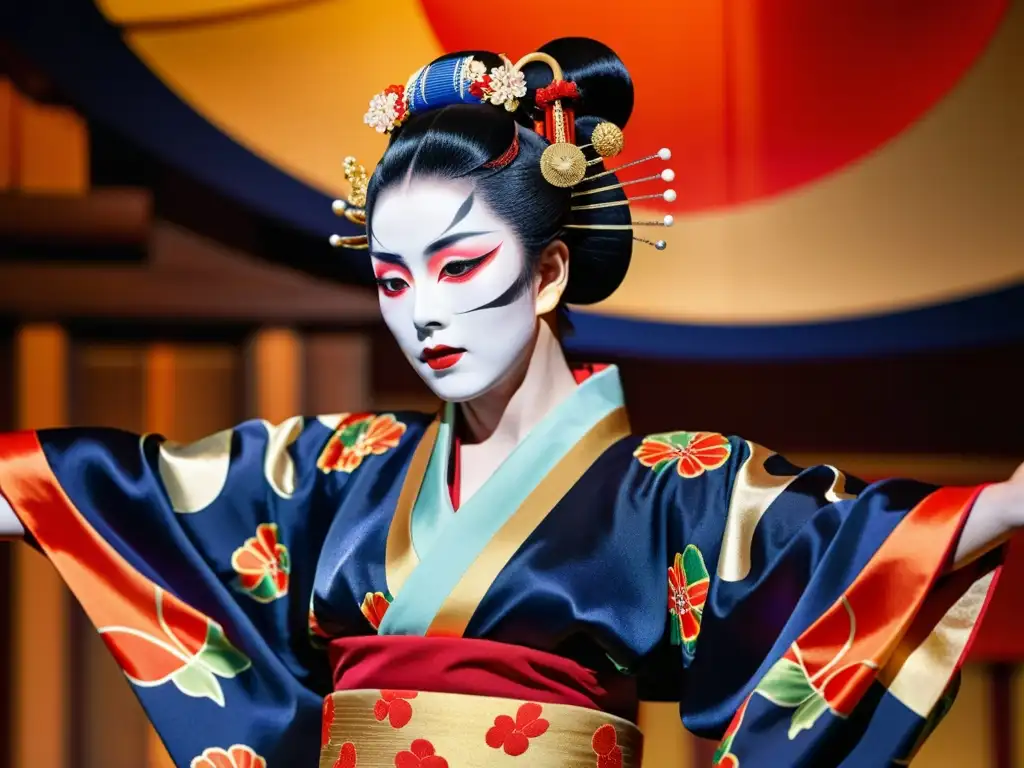 Una impresionante imagen de una bailarina de kabuki japonesa con un kimono vibrante y detallado en el escenario, evocando elegancia y teatralidad