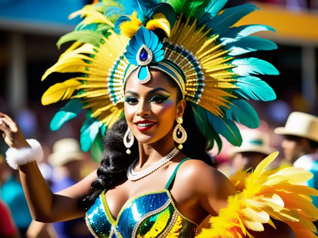 'Una impresionante imagen de una bailarina de samba brasileña en pleno desfile, irradiando energía y pasión