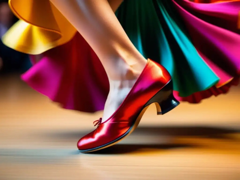 Una impresionante imagen de las técnicas de zapateado flamenco, capturando la pasión y precisión rítmica del baile