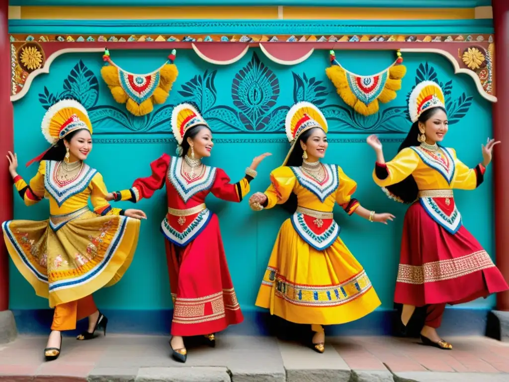 Un impresionante mural de danzas patrimoniales en vibrantes colores, capturando la tradición con detalles meticulosos y expresiones llenas de alegría