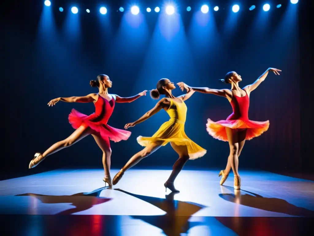 Una impresionante presentación de danza contemporánea en un escenario grandioso con iluminación hipnótica y trajes vibrantes