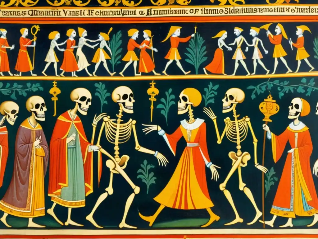 Una impresionante representación visual del Simbolismo danza de la muerte europea, con figuras esqueléticas y personas vivas, detalladas y coloridas