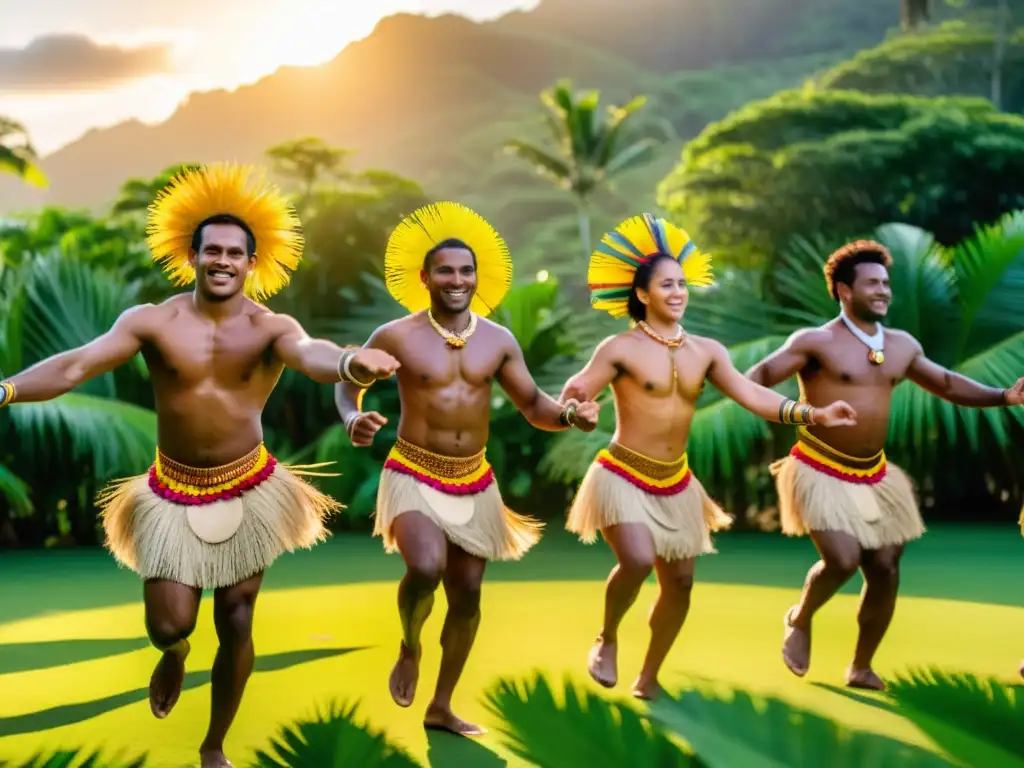 Un impresionante ritual de danza tradicional en Fiyi, con bailarines en trajes vibrantes moviéndose al ritmo de tambores, bajo la cálida luz del sol