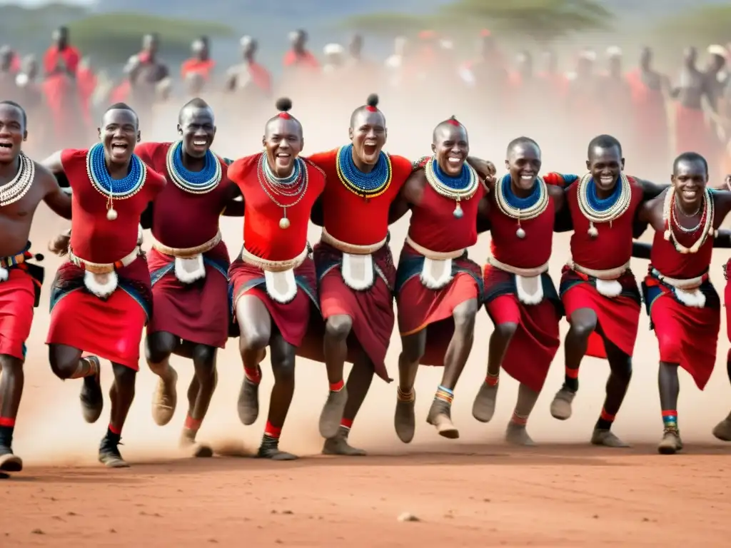 Un impresionante salto de guerreros Maasai durante la danza Adumu en un festival tribal