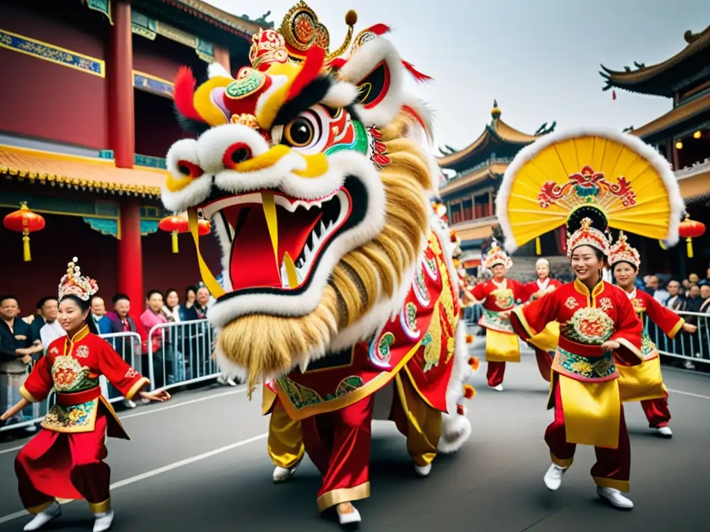 Un impresionante traje de danza del león y el dragón, con bordados detallados y telas brillantes en rojo y dorado