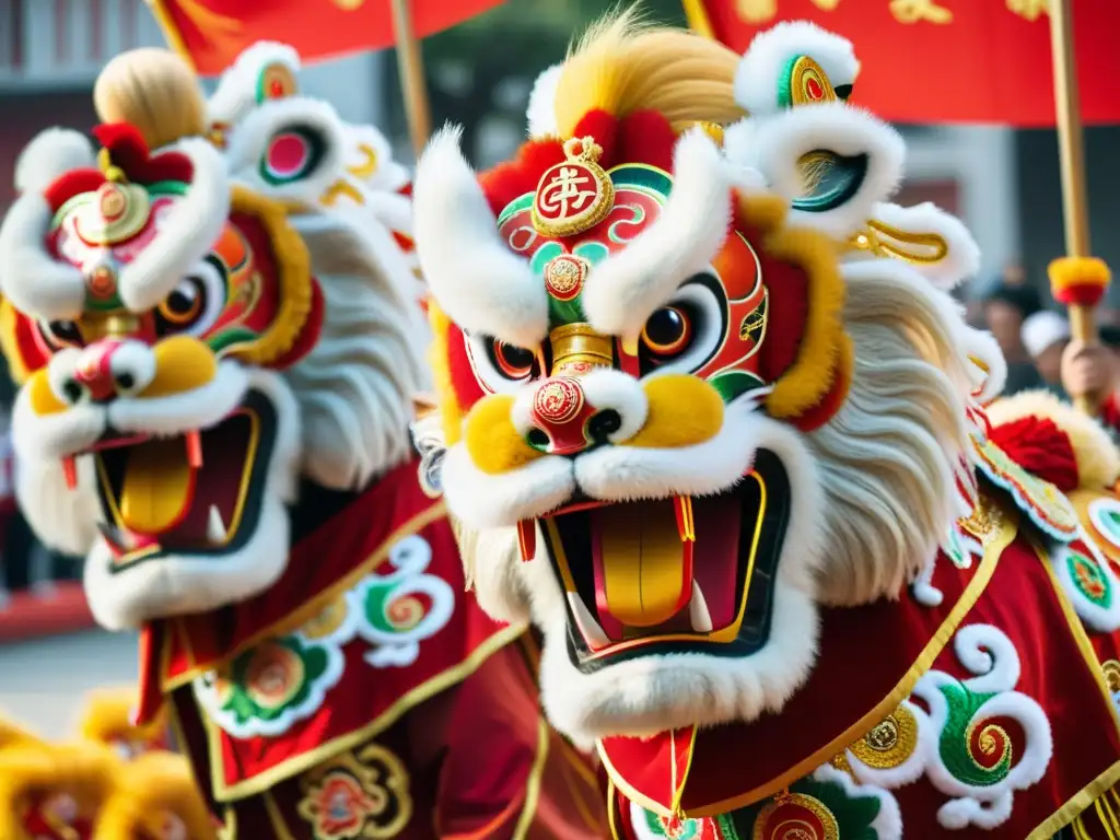 Dos impresionantes trajes de danza del león con detalles intrincados en rojo y dorado, simbolizando el significado cultural de la danza del león china