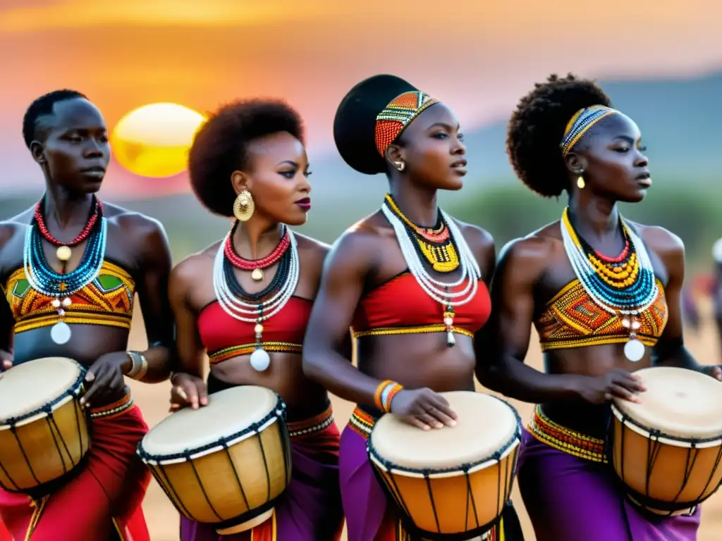 Incorporación de danzas africanas en educación física: Grupo de bailarines africanos en trajes tradicionales, moviéndose con gracia al ritmo de tambores, bajo una puesta de sol dorada