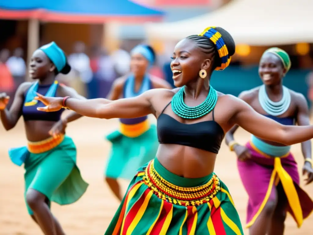 Incorporación de danzas africanas en educación física: Estudiantes bailando en un mercado africano con trajes coloridos y expresiones animadas