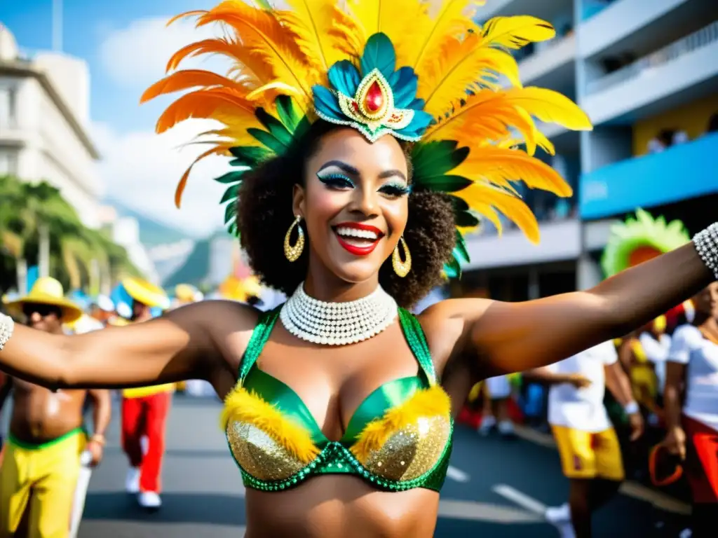 Increíble influencia cultural de la Samba brasileña en el vibrante carnaval de Río de Janeiro, con deslumbrantes trajes y mucha energía festiva