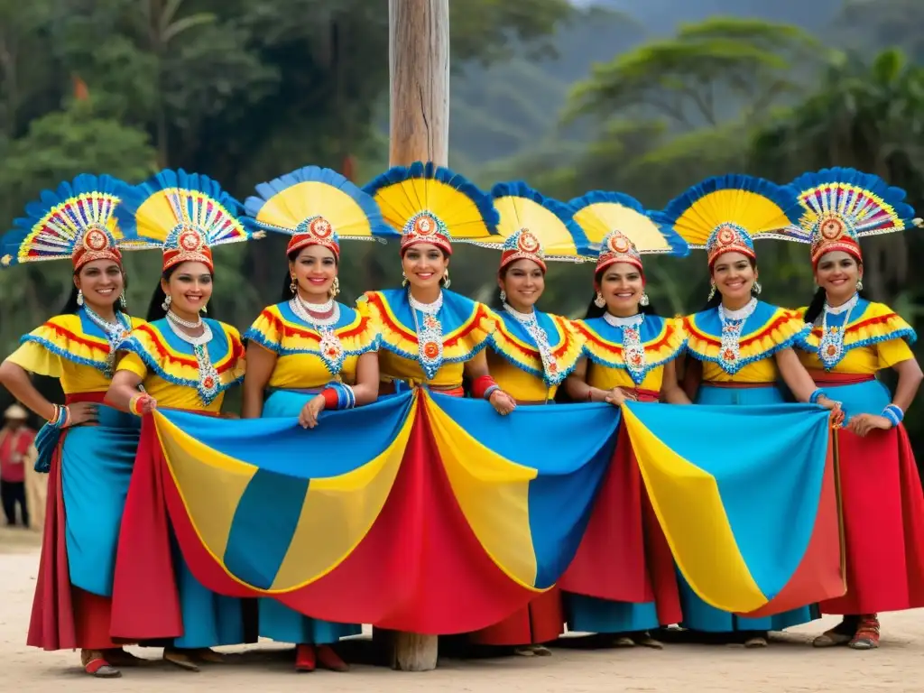 Increíbles trajes de danza tradicionales icónicos en la danza de los voladores de Papantla, con vibrantes colores y detalles de la cultura mexicana