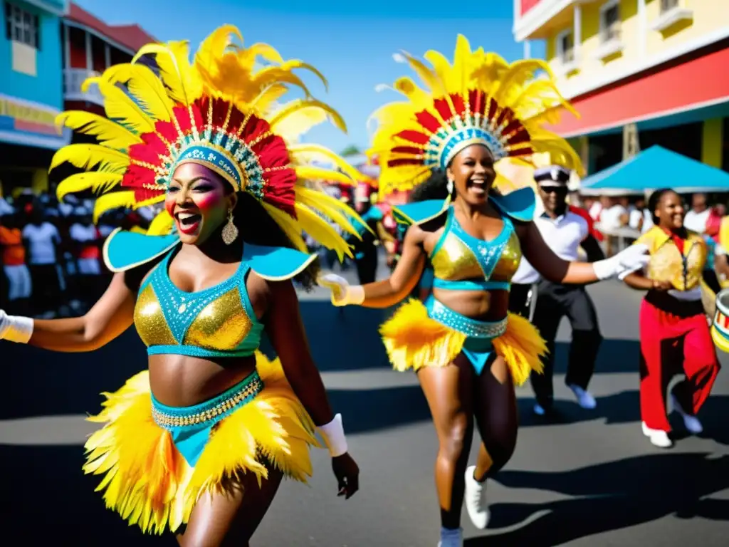 Influencia africana en el Calypso de Trinidad: Desfile vibrante de carnaval con música de steel drums, coloridos trajes y alegría contagiosa