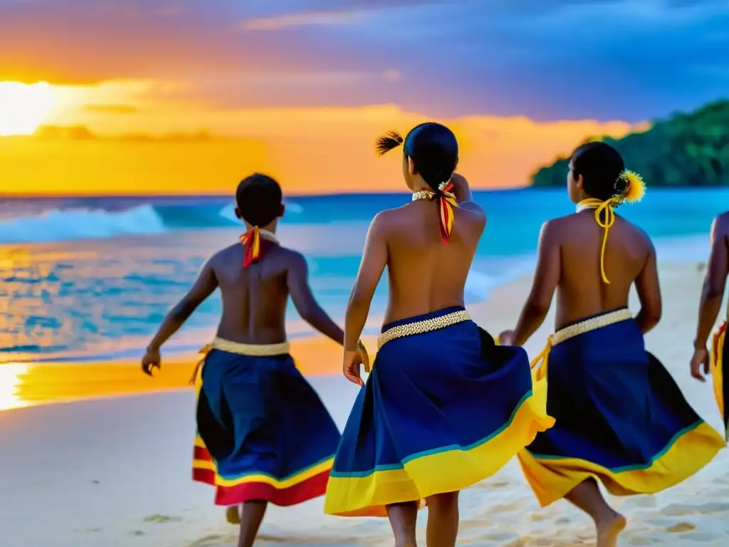 Influencia cultural de la danza en Nauru: Jóvenes estudiantes nauruanos ejecutan una danza tradicional al atardecer en la playa, mostrando gracia y orgullo generacional