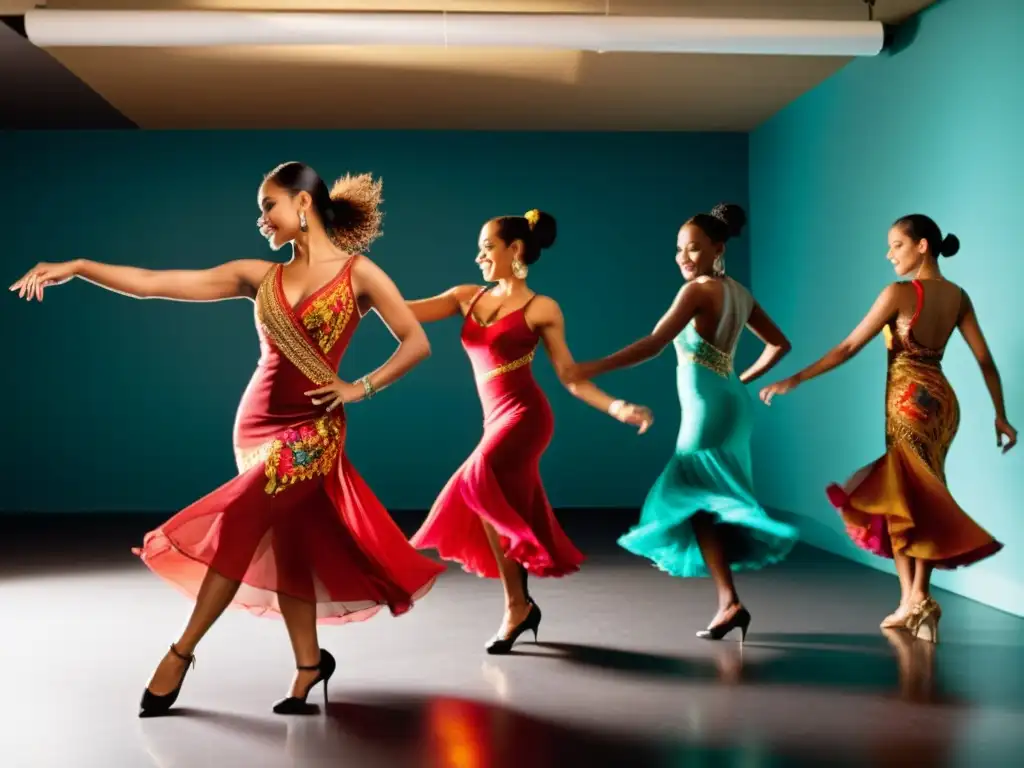 Influencia cultural de la salsa: Mujeres bailando salsa en un estudio con vestidos vibrantes, expresión de empoderamiento y gracia