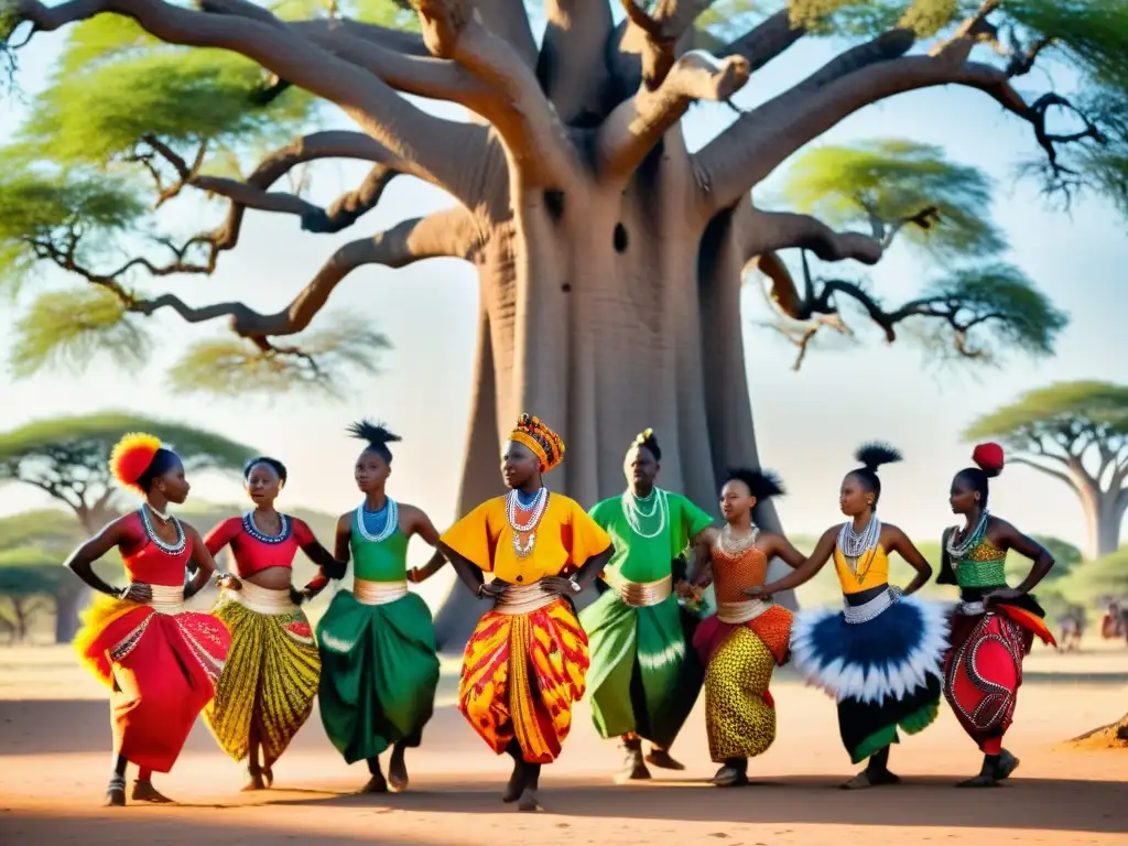 Influencia de la danza en moda: Bailarines africanos vistiendo atuendos tradicionales coloridos, danzando graciosamente bajo un baobab