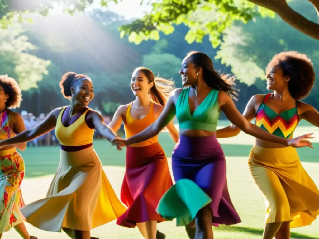 Influencia de la danza en relaciones sociales: Grupo diverso bailando en armonía bajo la luz del sol entre árboles, expresando alegría y conexión