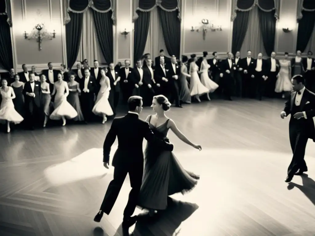 Influencia de la danza en relaciones sociales: Elegante baile de salón en blanco y negro, capturando la gracia y romance de la danza