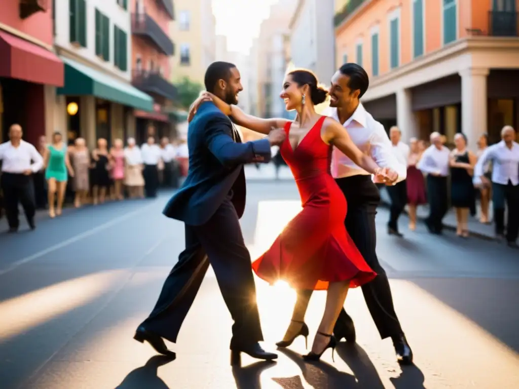 Influencia de la danza en relaciones sociales: Grupo diverso bailando un animado tango en la calle, iluminados por cálida luz solar