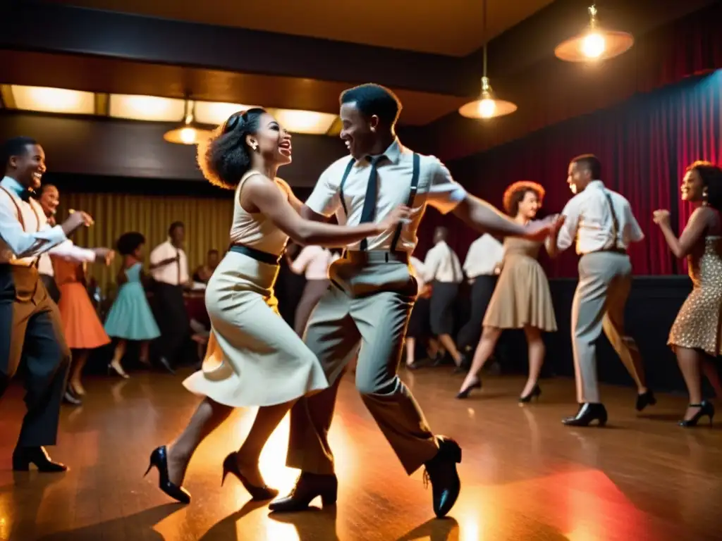 Influencia diáspora afroamericana swing: Lindy hop en club de jazz vintage, baile animado, músicos en vivo, atmósfera histórica y cultural