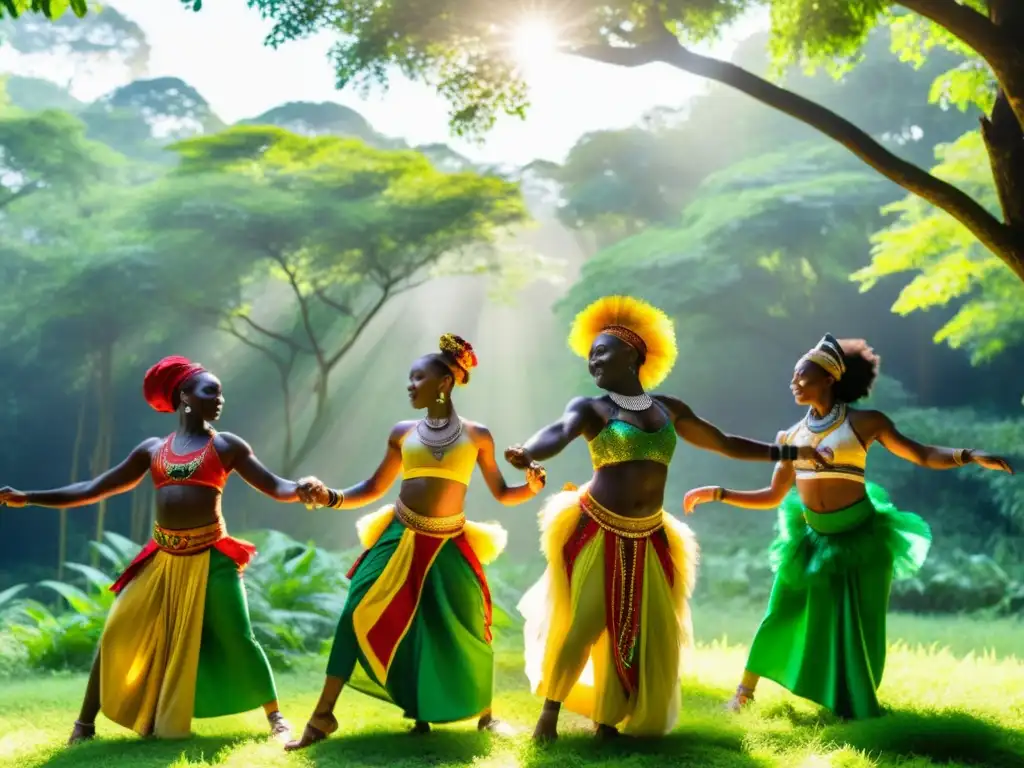 Influencia del entorno natural danzas africanas: Grupo de bailarines africanos danzando en un claro boscoso, conectados con la naturaleza