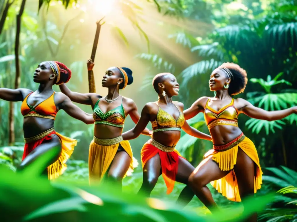 Influencia del entorno natural en danzas africanas: Grupo de bailarines africanos en la exuberante jungla, ejecutando movimientos energéticos en trajes tradicionales vibrantes