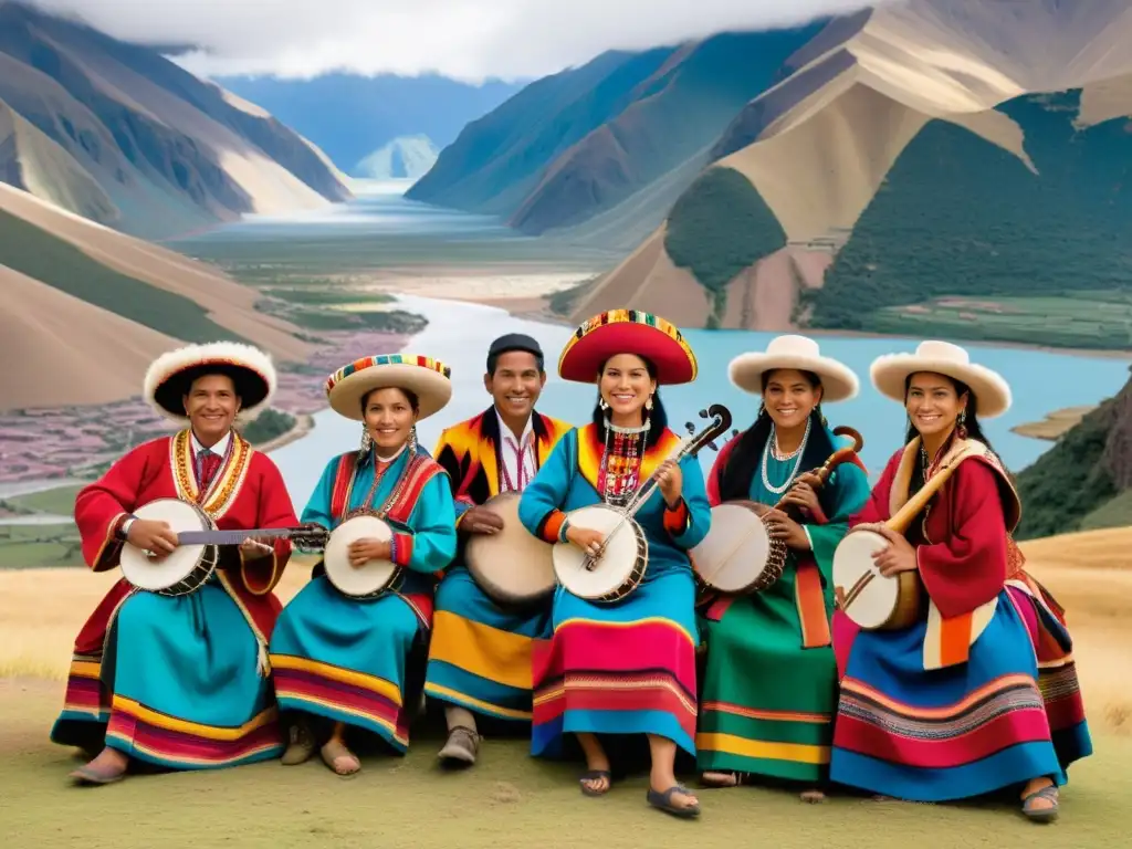 Influencia indígena en música folklórica andina: Grupo de músicos andinos en trajes tradicionales, tocando instrumentos en paisaje montañoso