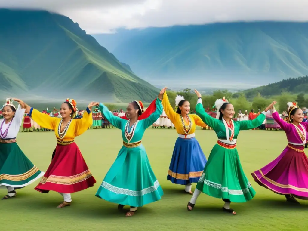 Influencia intercultural en danzas tradicionales: Bailarines de diferentes culturas en coloridos trajes, celebrando la diversidad con una danza sincronizada en un prado verde, rodeados de espectadores fascinados