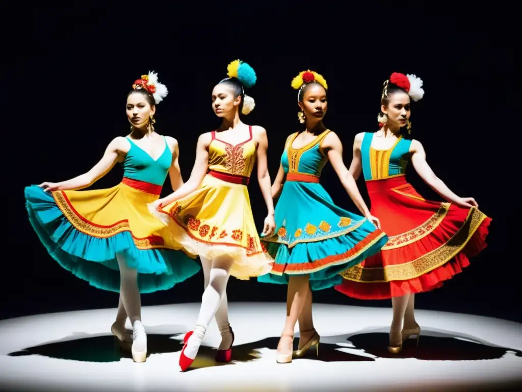 Influencia de la moda contemporánea en trajes de danza tradicional: Grupo de bailarines contemporáneos con trajes vibrantes y detallados, fusionando lo clásico con lo moderno en una actuación dinámica