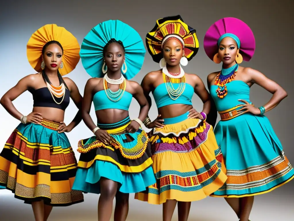 Influencia de la moda contemporánea en trajes de danza tradicional: Grupo de bailarines africanos con trajes vibrantes y coloridos, fusionando elementos modernos y tradicionales en una actuación dinámica