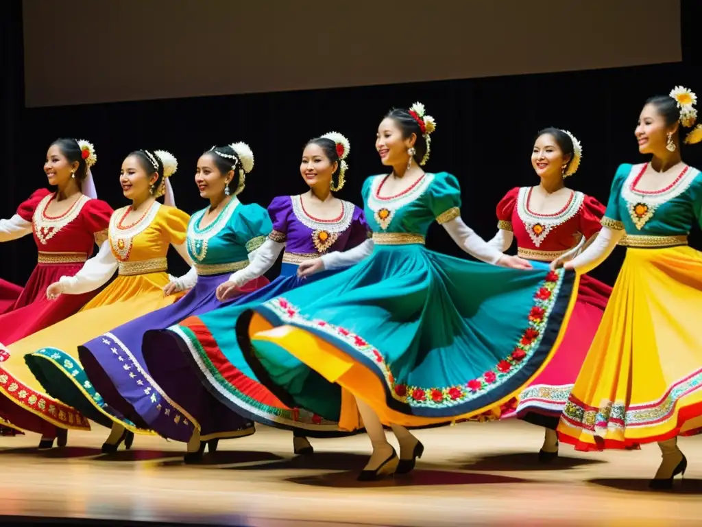 Influencia del vestuario en danza folklórica: Grupo de bailarines folclóricos con trajes vibrantes, movimientos fluidos y expresiones apasionadas